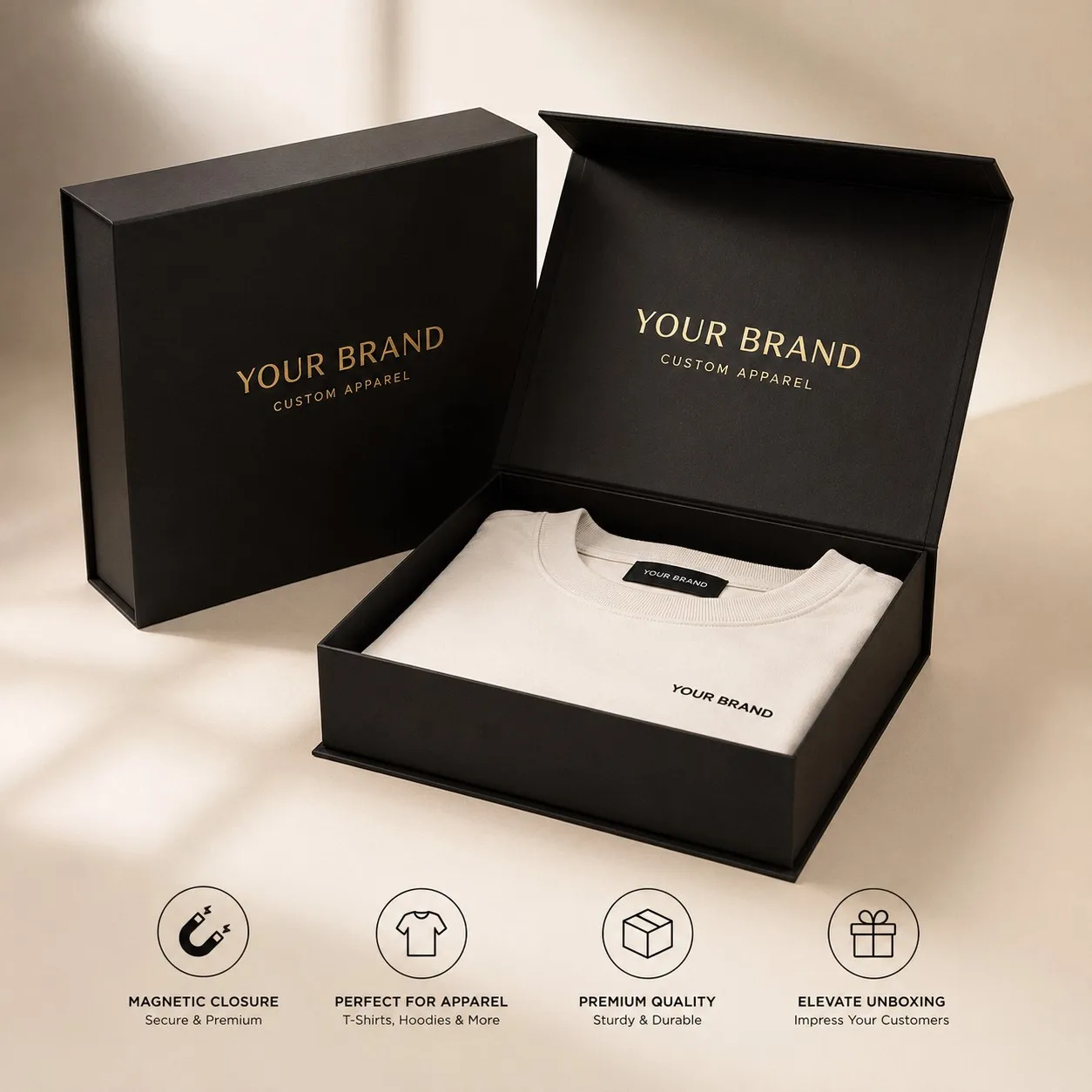 Custom Apparel Magnetic Gift Box with Gold Foil Logo