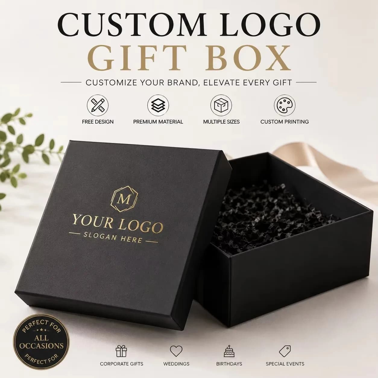 Premium Custom Logo Gift Box with Deep Gold Foil Finish