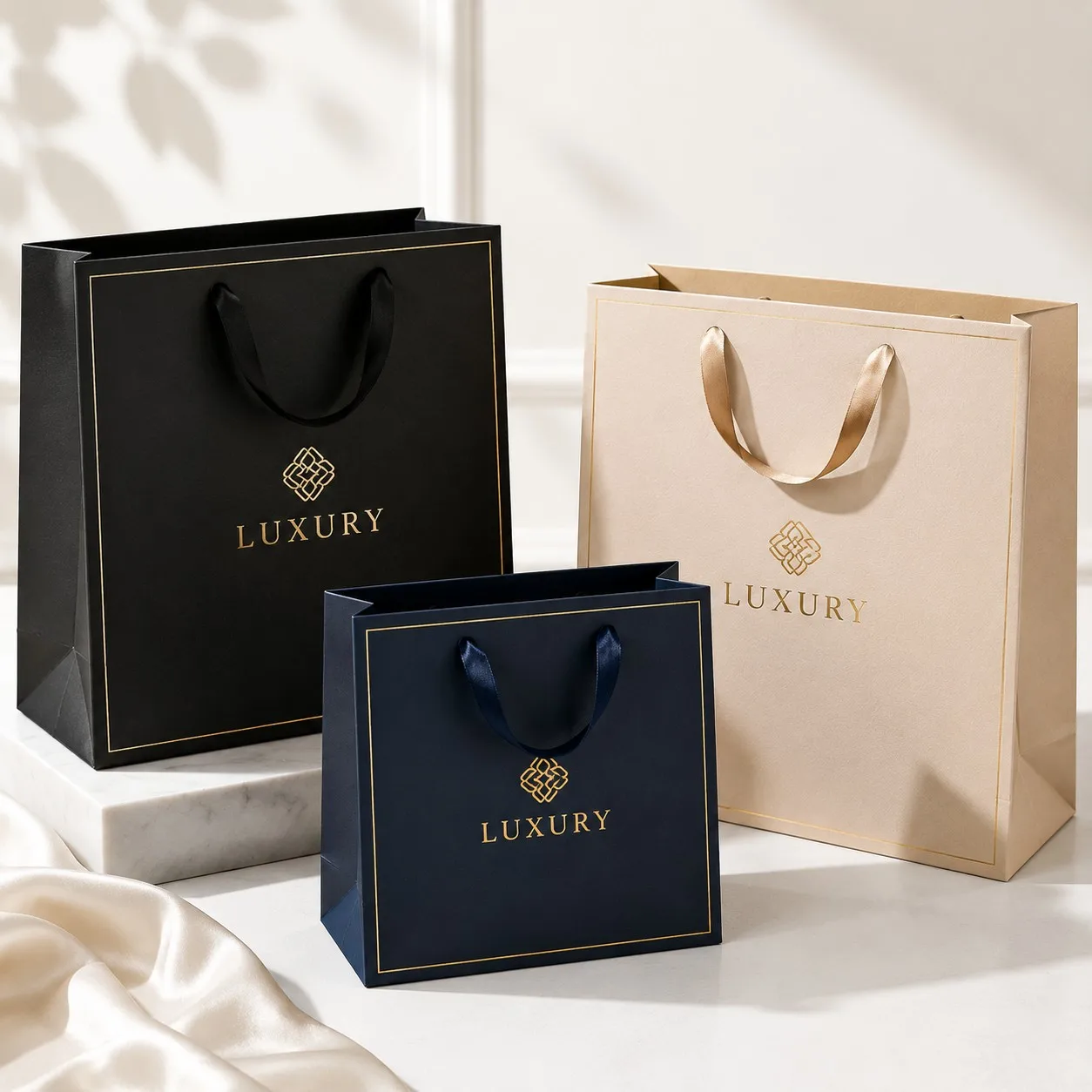 Luxury Paper Gift Bag Collection in Cream, Black, and Navy