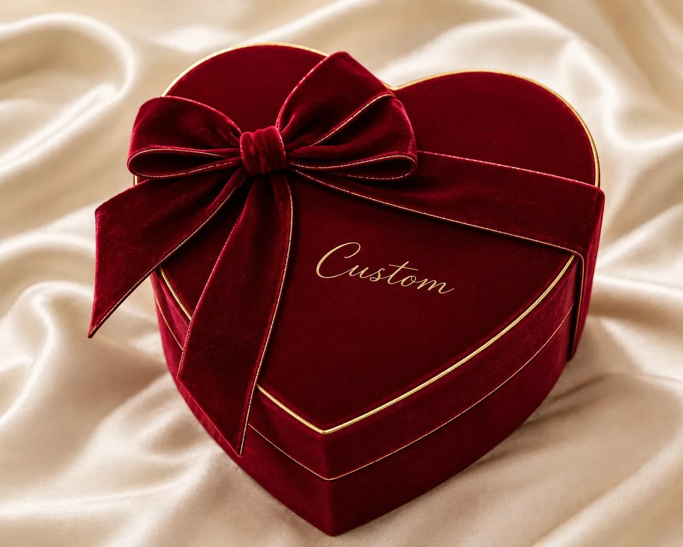 Custom Heart Shaped Luxury Velvet Gift Box with Gold Foil Script