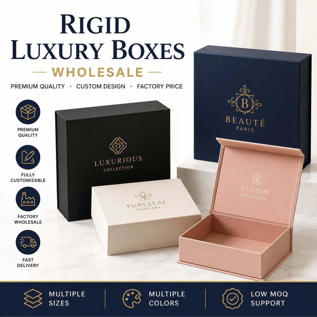 Rigid Luxury Boxes Wholesale Showcase in Multiple Premium Colors