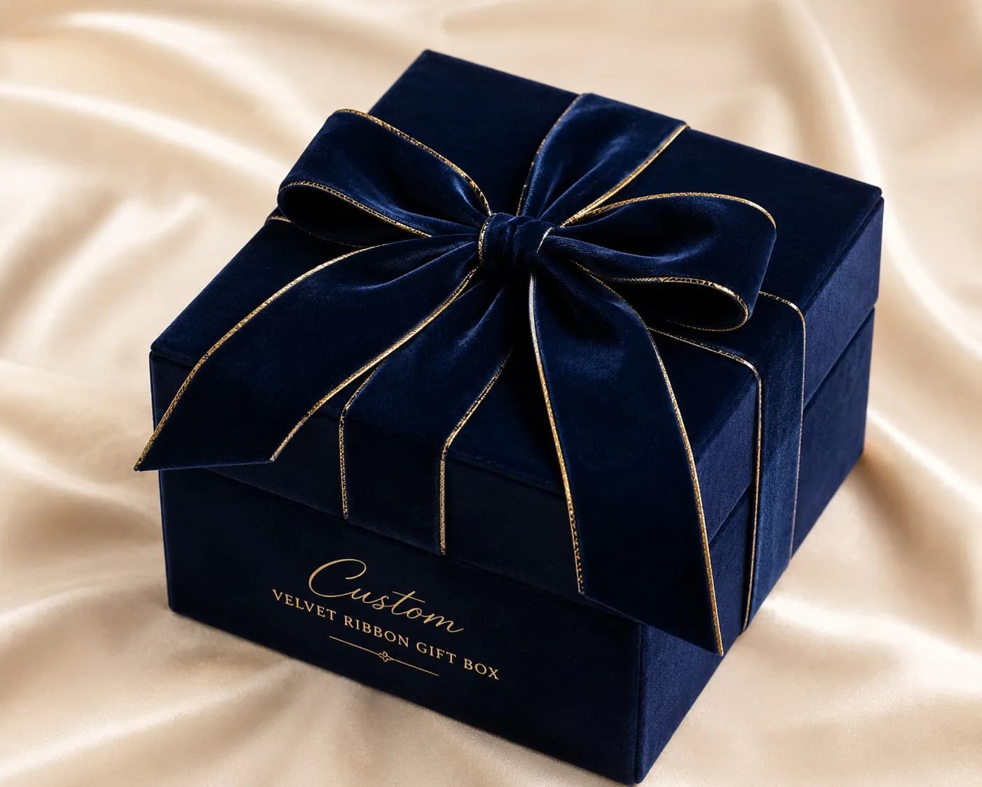 Custom Velvet Ribbon Gift Box with Gold Script Logo and Metallic-Edge Bow