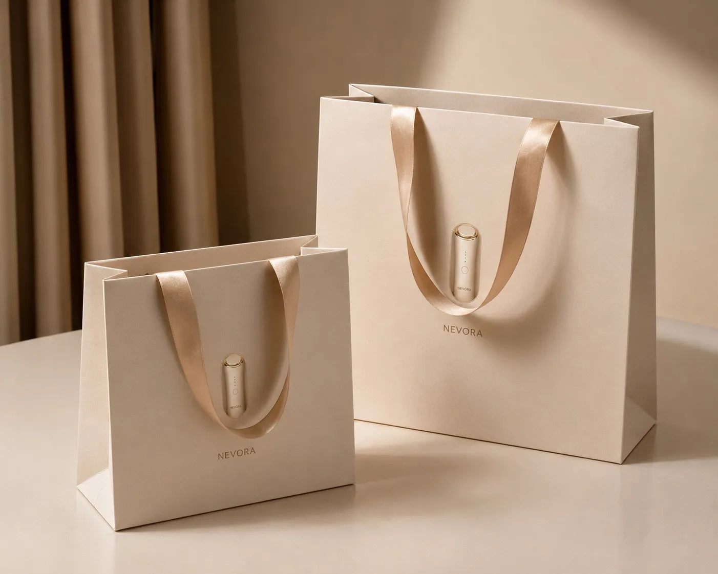 Custom Ribbon Handle Paper Bags in Premium Cream and Soft Beige