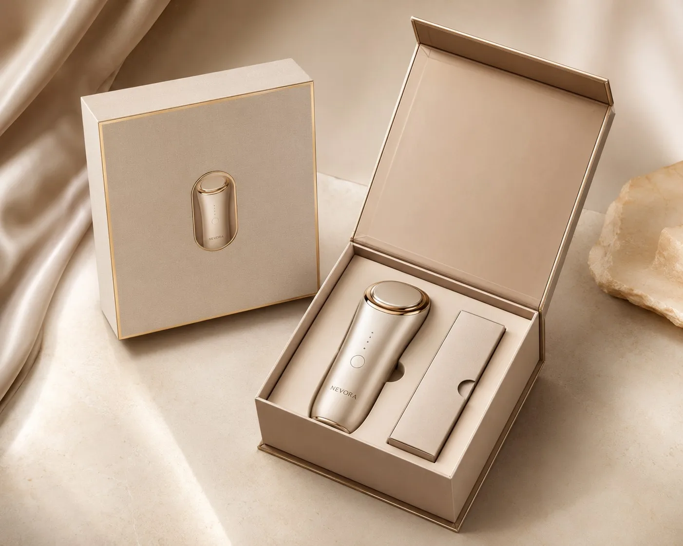 Custom Premium Beauty Tech Packaging in Champagne Gold