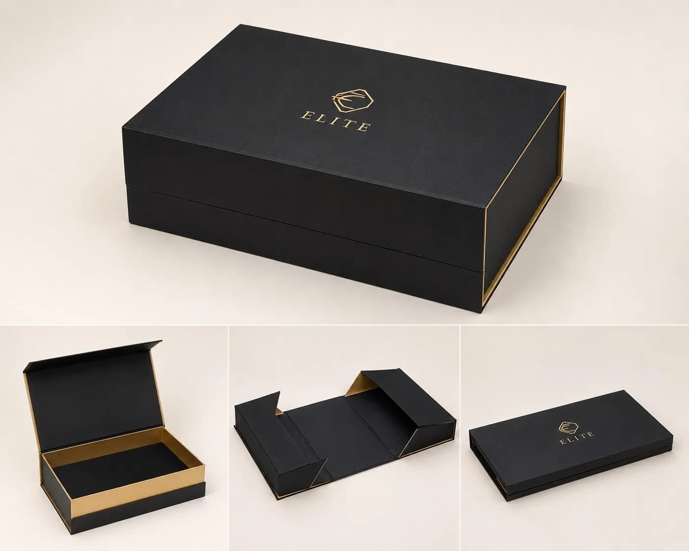 Elite Collapsible Rigid Box demonstrating flat-pack, partial assembly, and fully assembled states