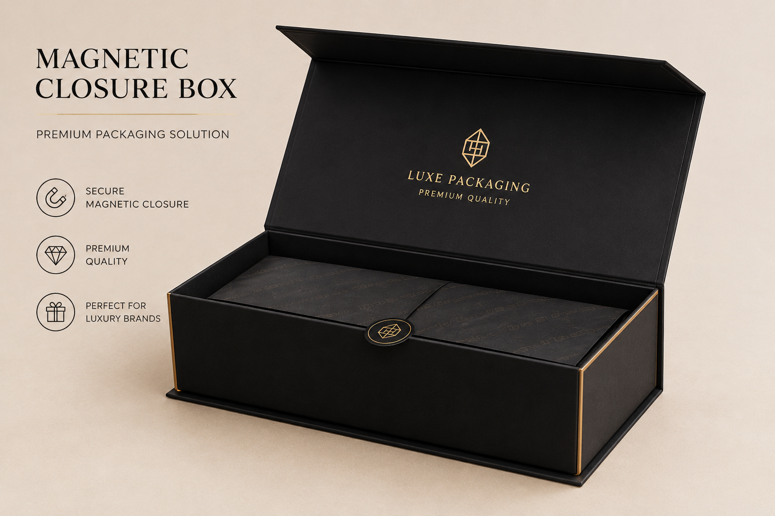 Gold-Border Premium Matte Black Magnetic Box - Luxury brand packaging